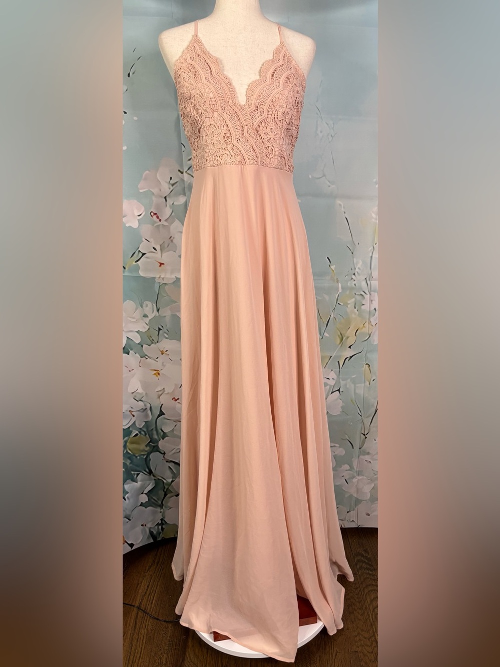 Lulus Madalyn Blush Lace Maxi Dress Zipper Back Adjustable Straps Medium EUC - Picture 3 of 16